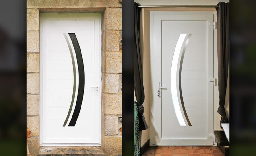 porte d'entree kiclos motif courbe en pvc blanc vue exterieure et interieure