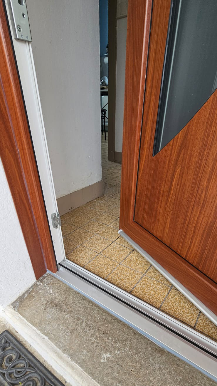 porte d'entree en plaxe noyer fonce focus sur l'ouverture