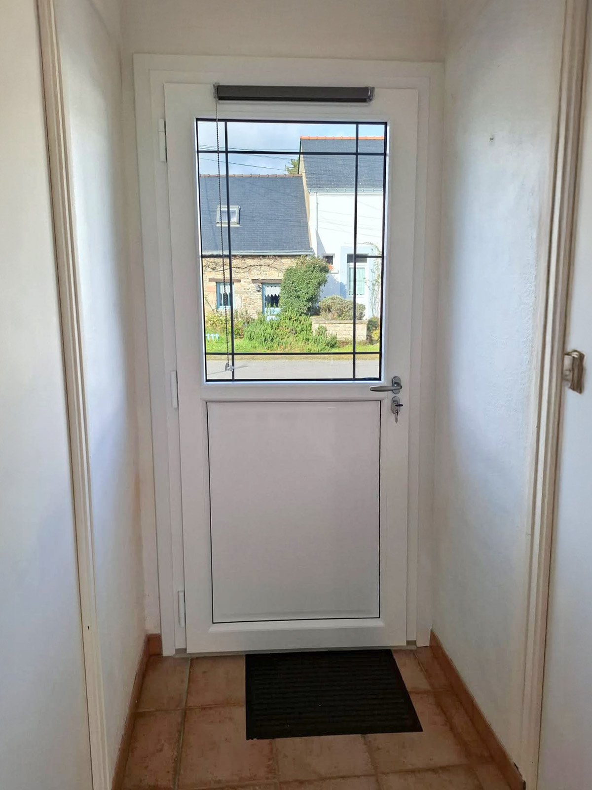 porte d'entree en pvc blanc avec soubassement port-forme avec petit bois en plomb