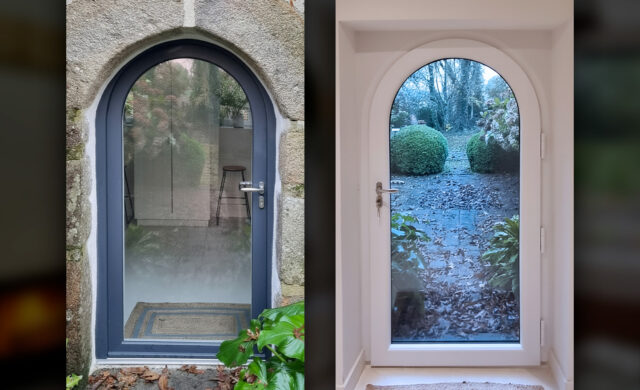 Porte vitrée cintrée Kiclos en PVC intérieur blanc, extérieur anthracite