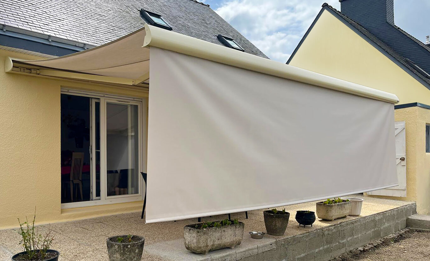 store banne deroulant electrique kiclos modele everest aluminium beige toile lin chine deplie